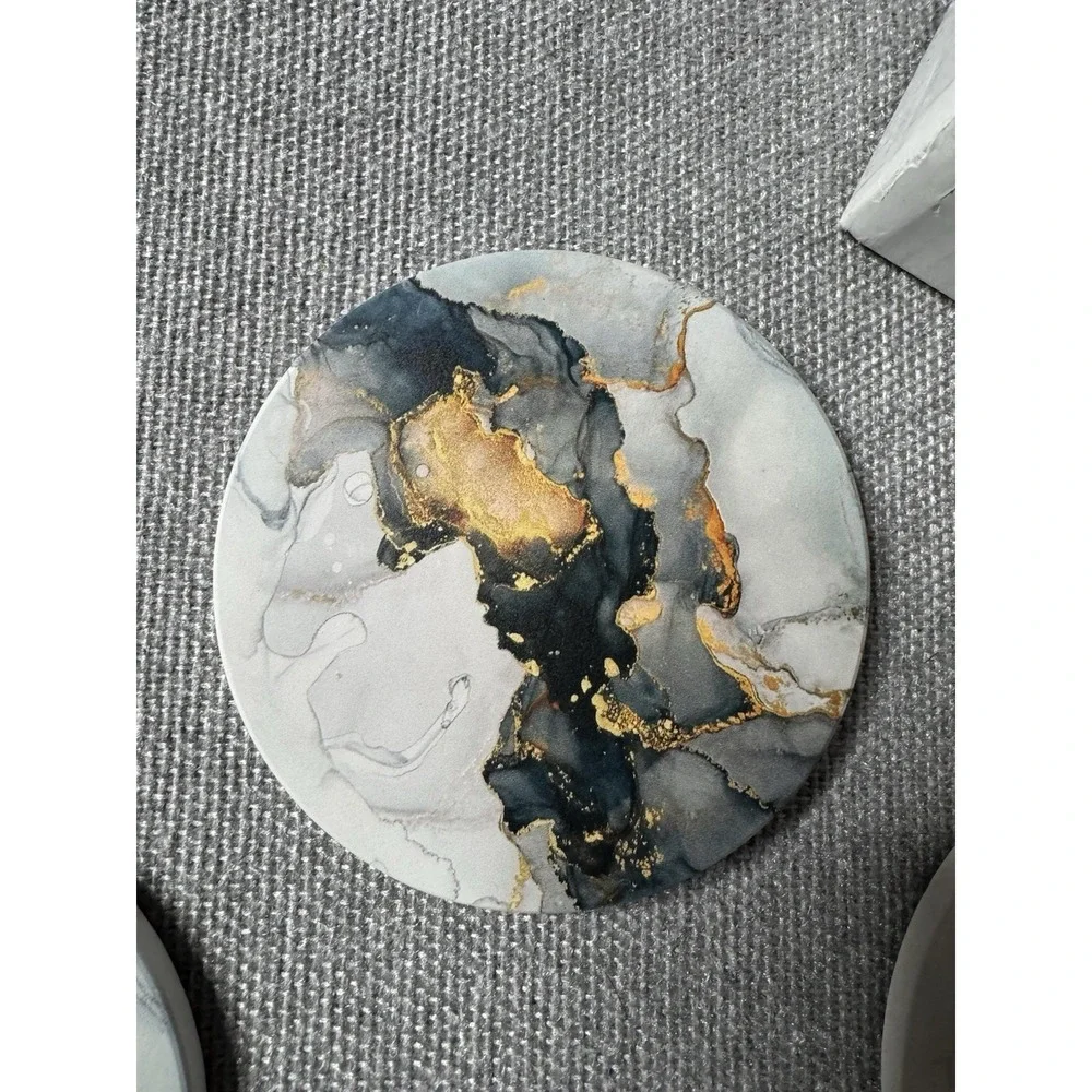 Gray, Blue, Gold Marble Round Coasters With Holder Set Of 6 Absorbs Moisture Set